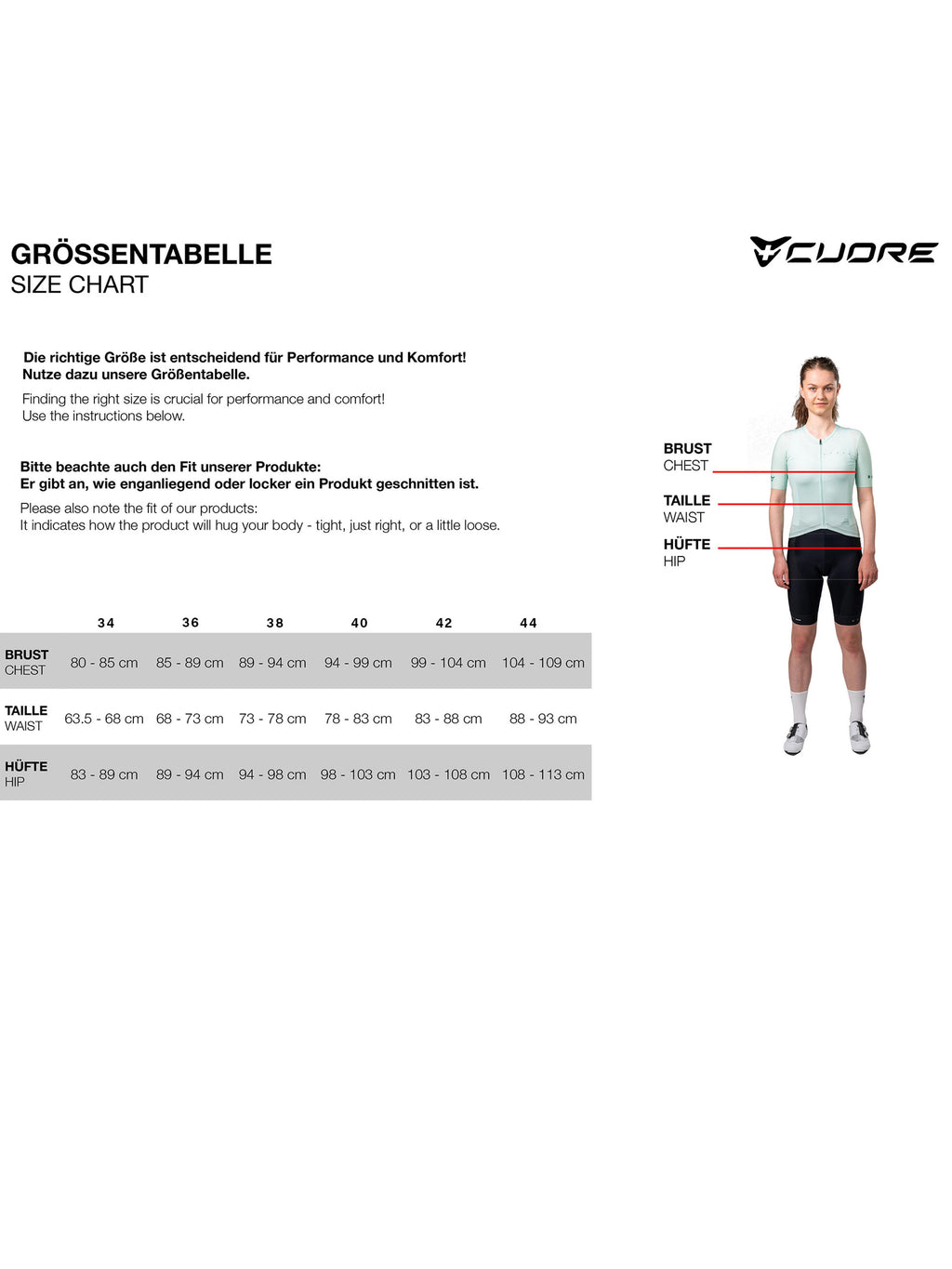 CUORE Größentabelle für Damen