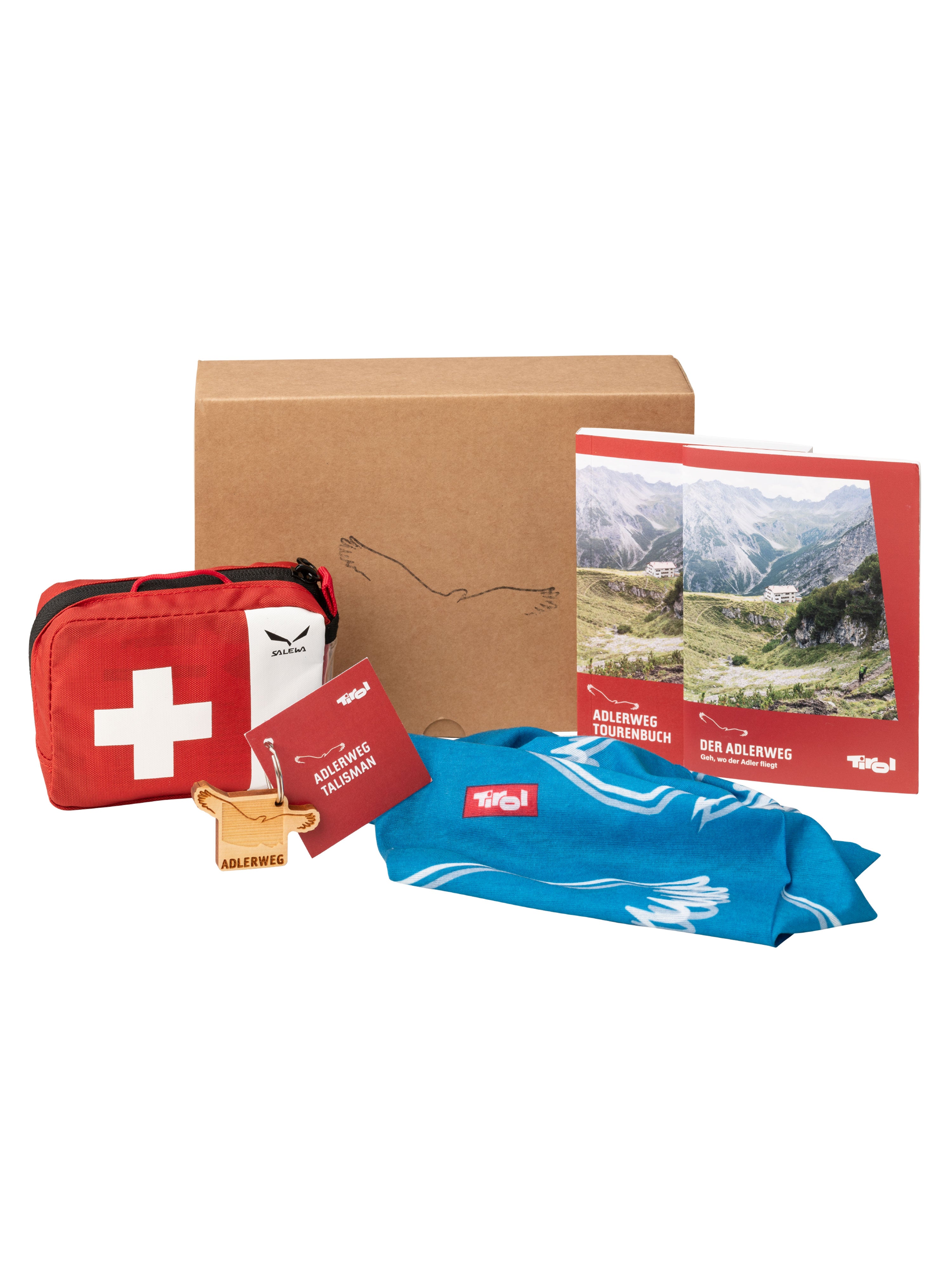 Adlerweg Starterpaket groß mit Tourenbuch auf Deutsch dazu ein Erste-Hilfe Paket, ein Holz Talisman und ein blaues Bandana