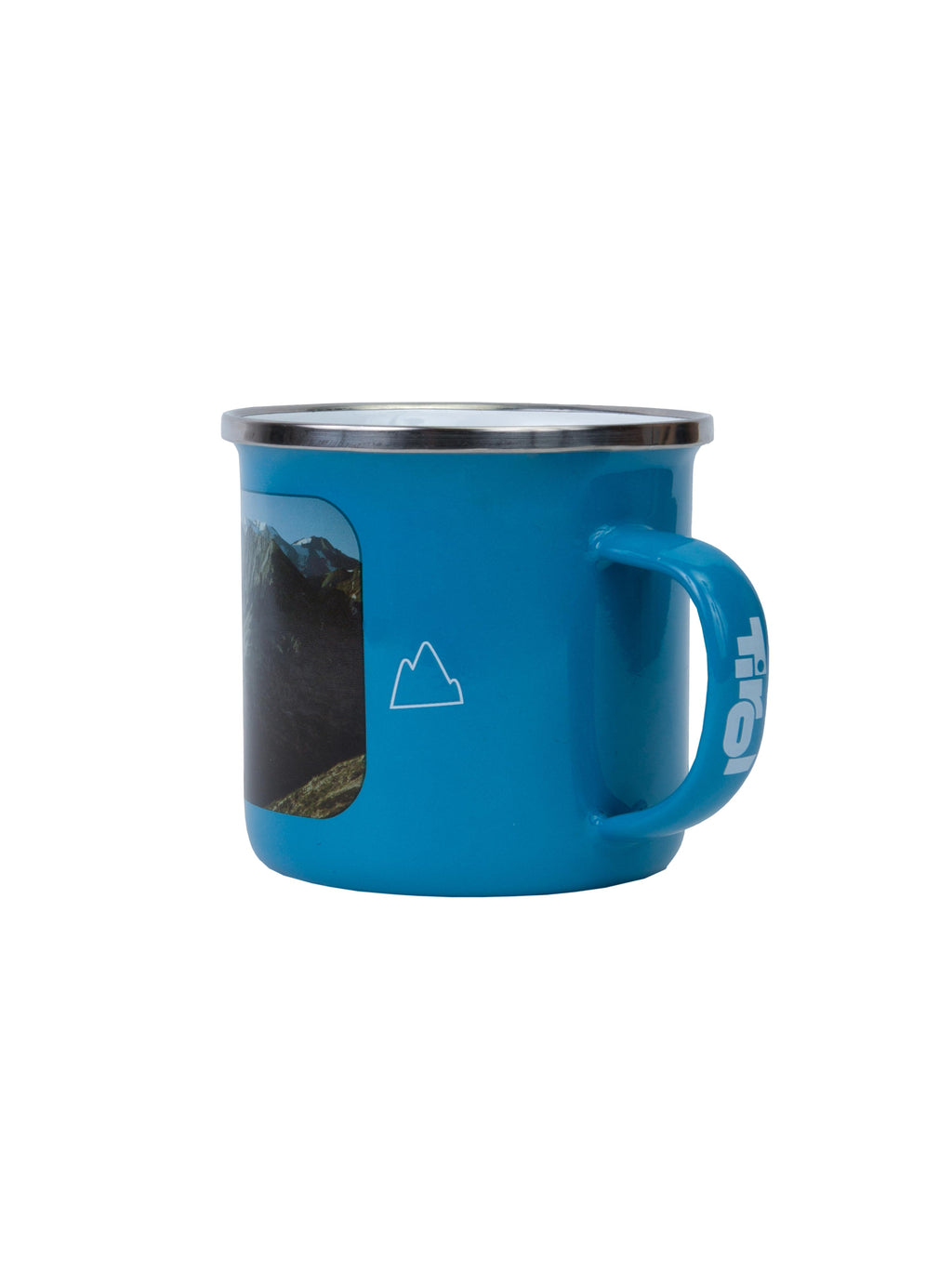 Emaillebecher "Fotodruck" mit Tirol Logo am Henkel