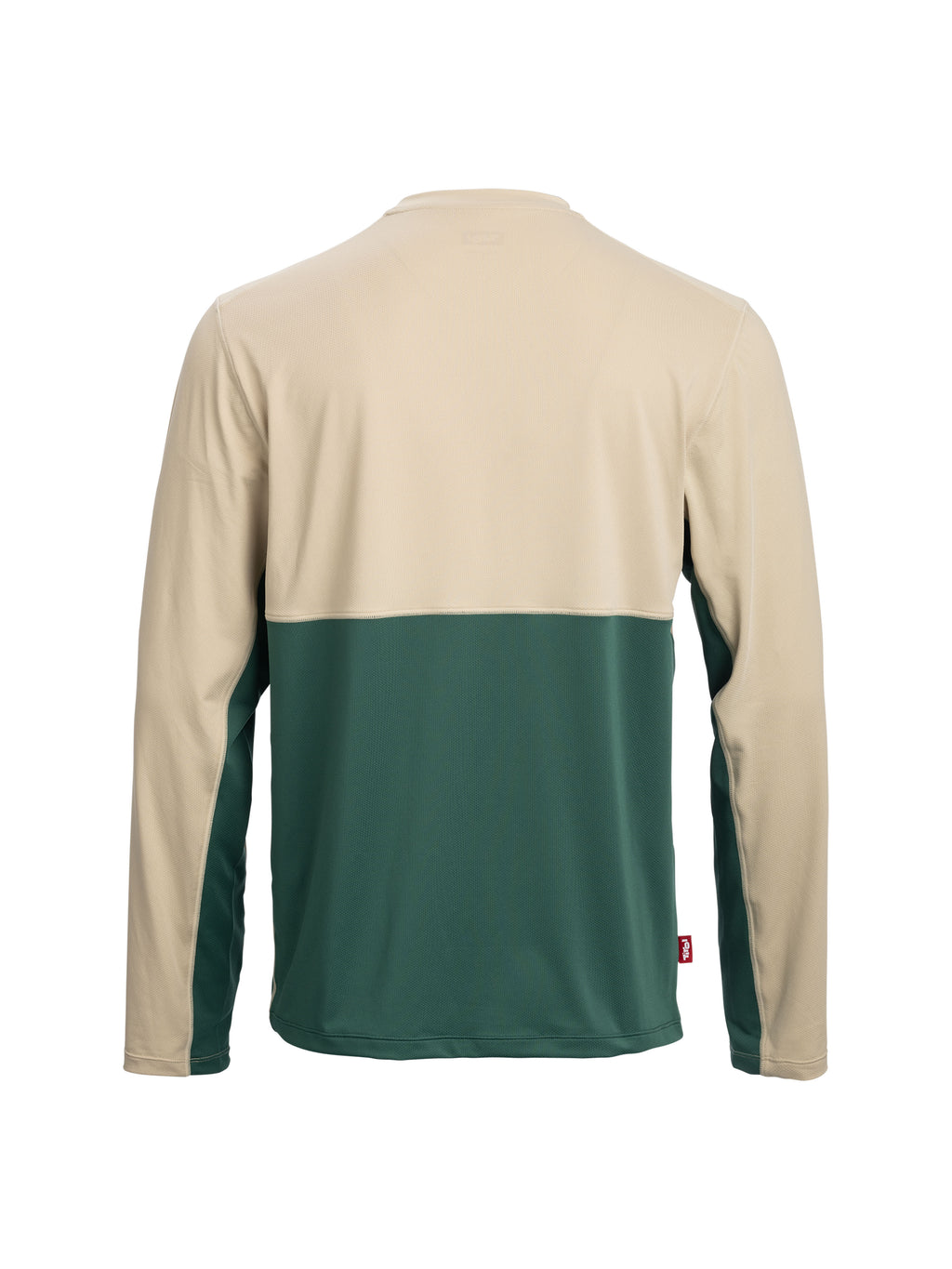 Rückseite vom Longsleeve "Isidor" in Beige-Grün mit Flachnähten für einen reibungsfreien Tragekomfort