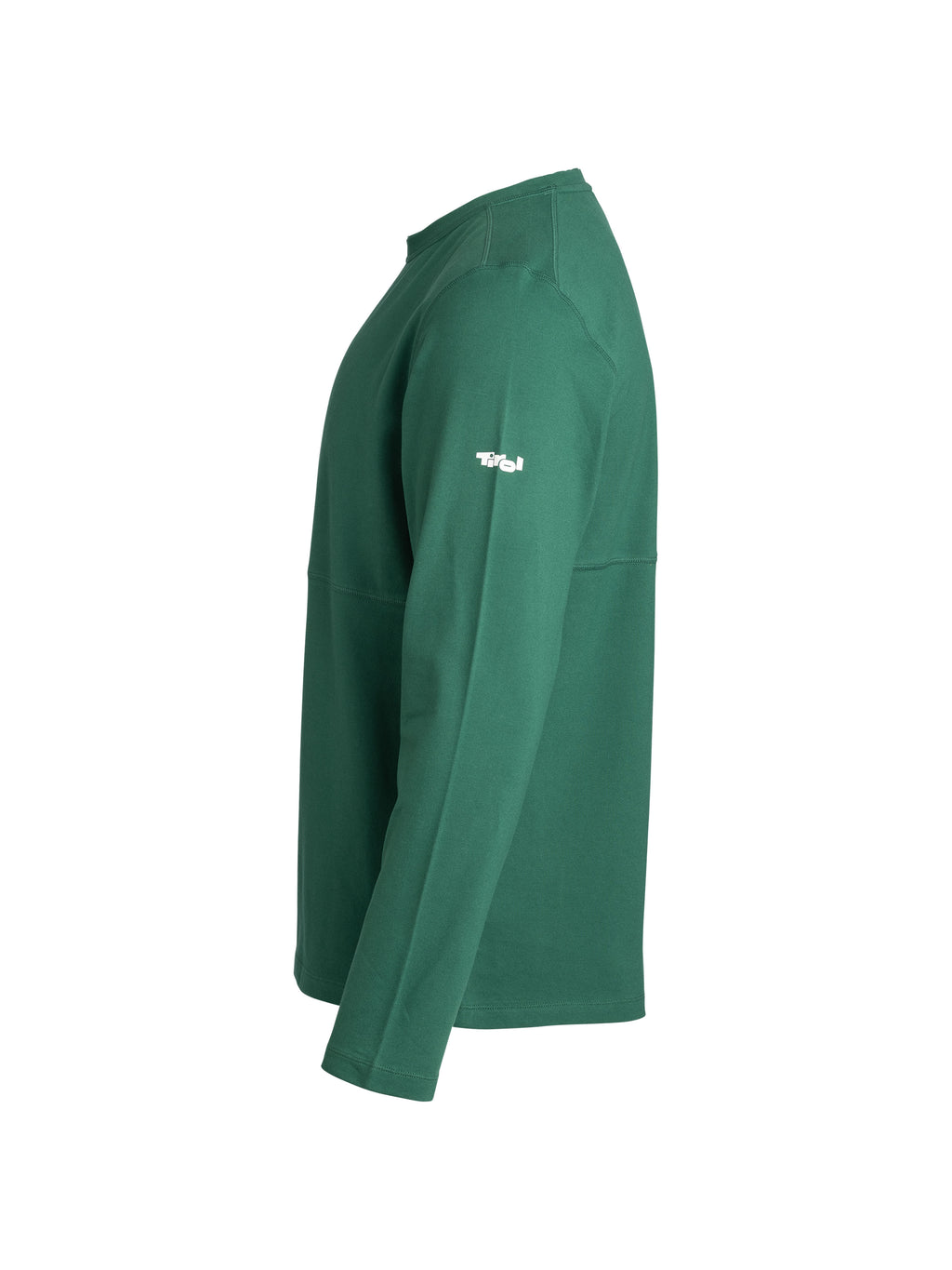 Seitenansicht vom Longsleeve "Isidor" in Grün mit dezenten Tirol Logo-Print am Oberarm
