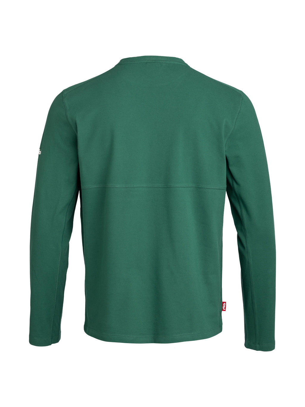 Rückseite vom Longsleeve "Isidor" in Grün mit Flachnähten für einen reibungsfreien Tragekomfort