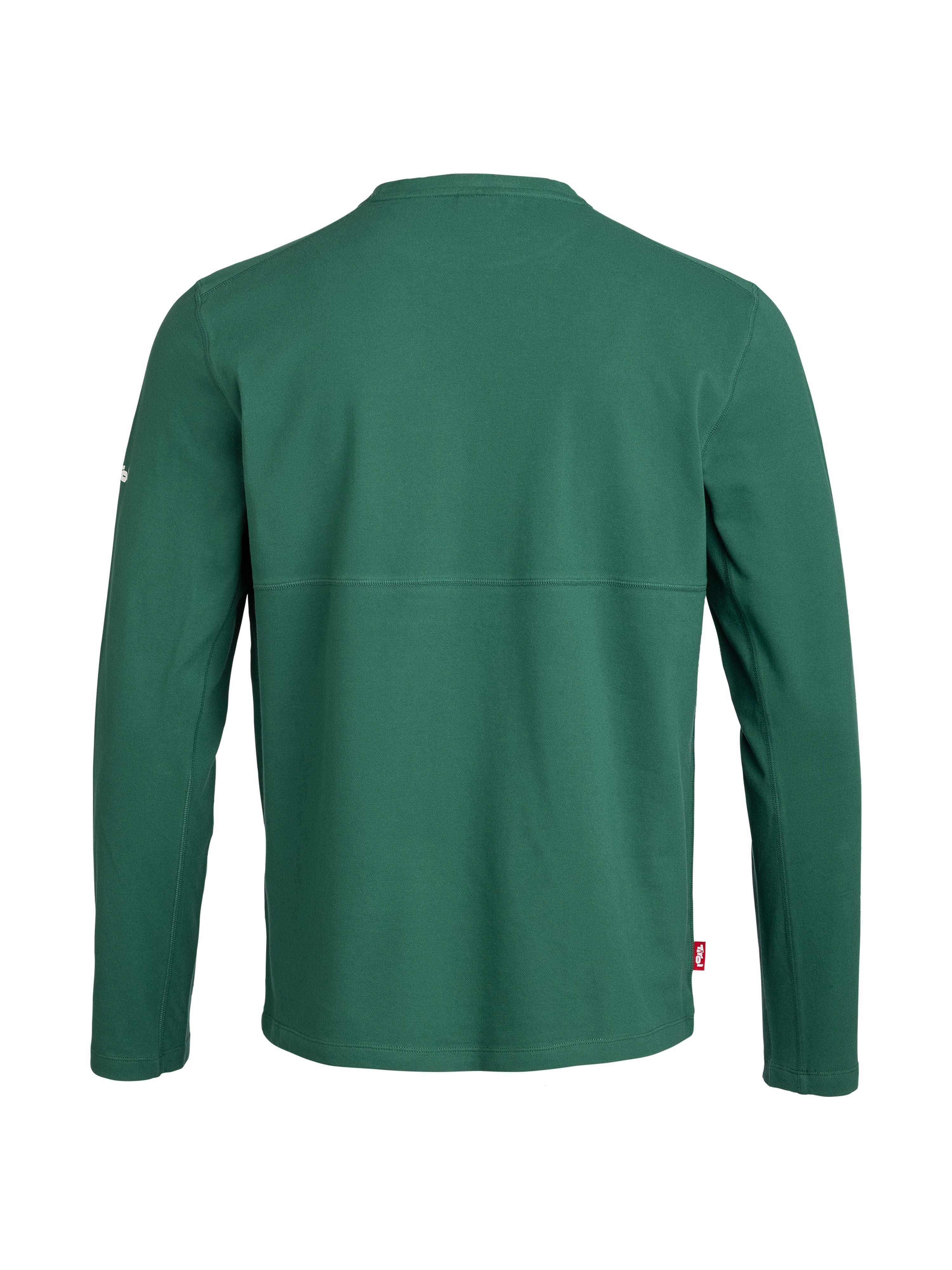 Rückseite vom Longsleeve "Isidor" in Grün mit Flachnähten für einen reibungsfreien Tragekomfort