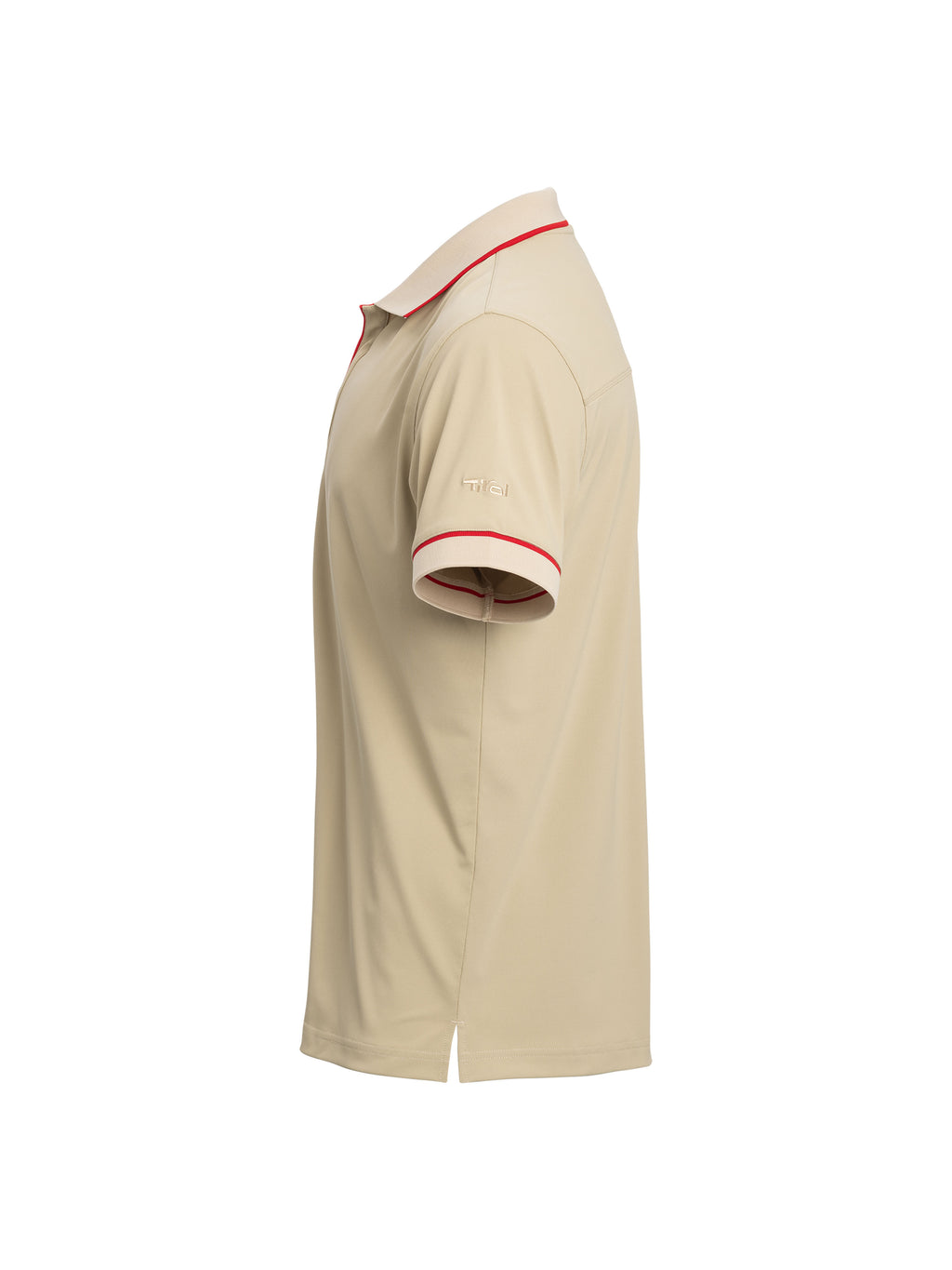 Seitenansicht vom Polo Shirt "Peter- Paul" in Beige mit dezenten Tirol Logo-Strick am Oberarm 