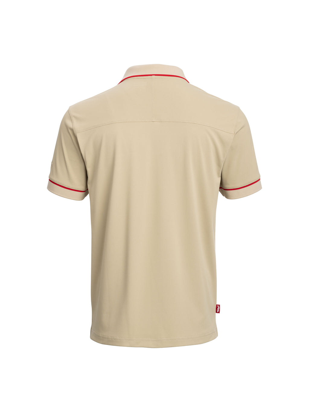 Rückseite vom Polo Shirt "Peter- Paul" mit roten Akzenten an Ärmelsaumen und Kragen 