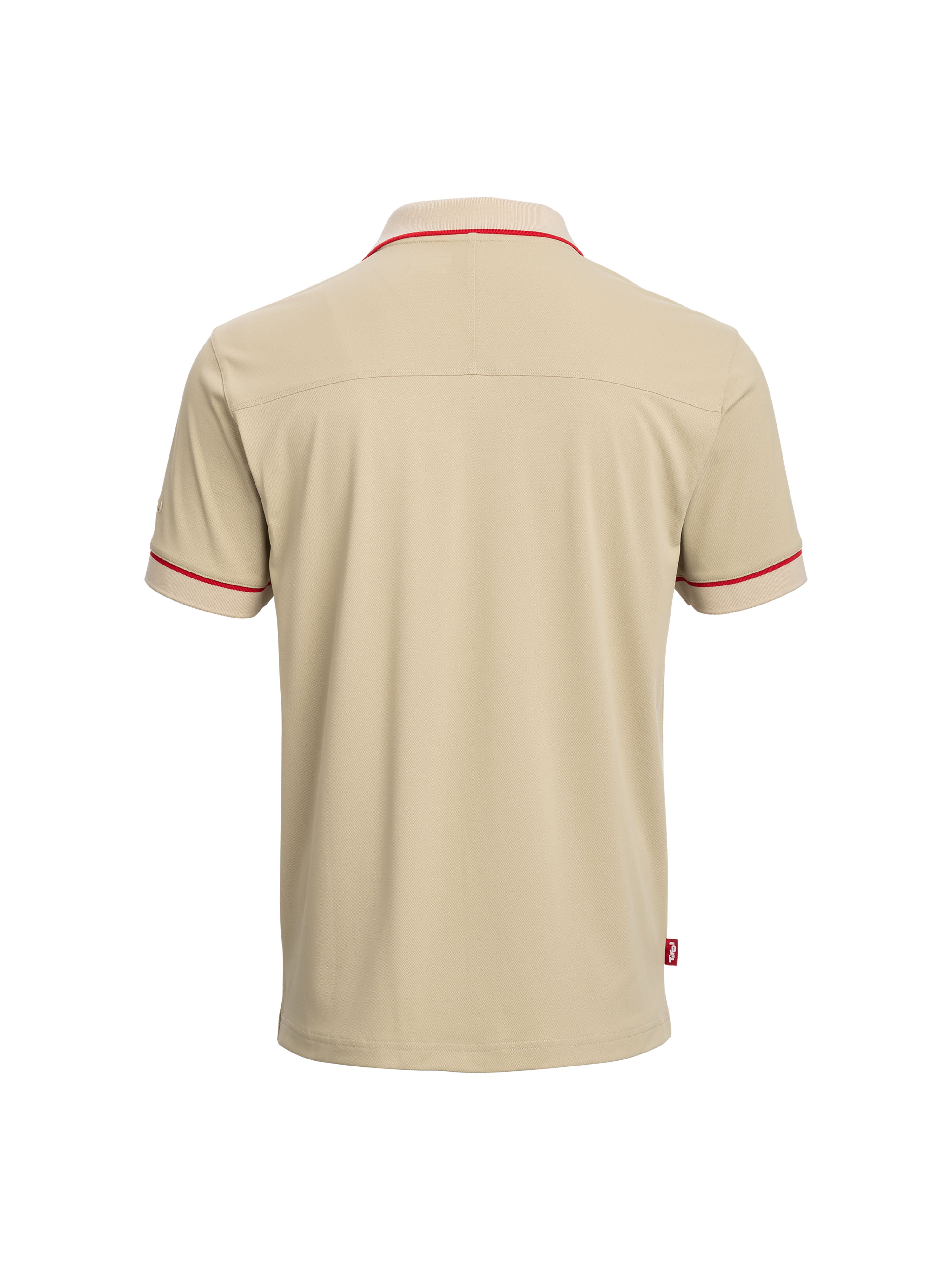 Rückseite vom Polo Shirt "Peter- Paul" mit roten Akzenten an Ärmelsaumen und Kragen 