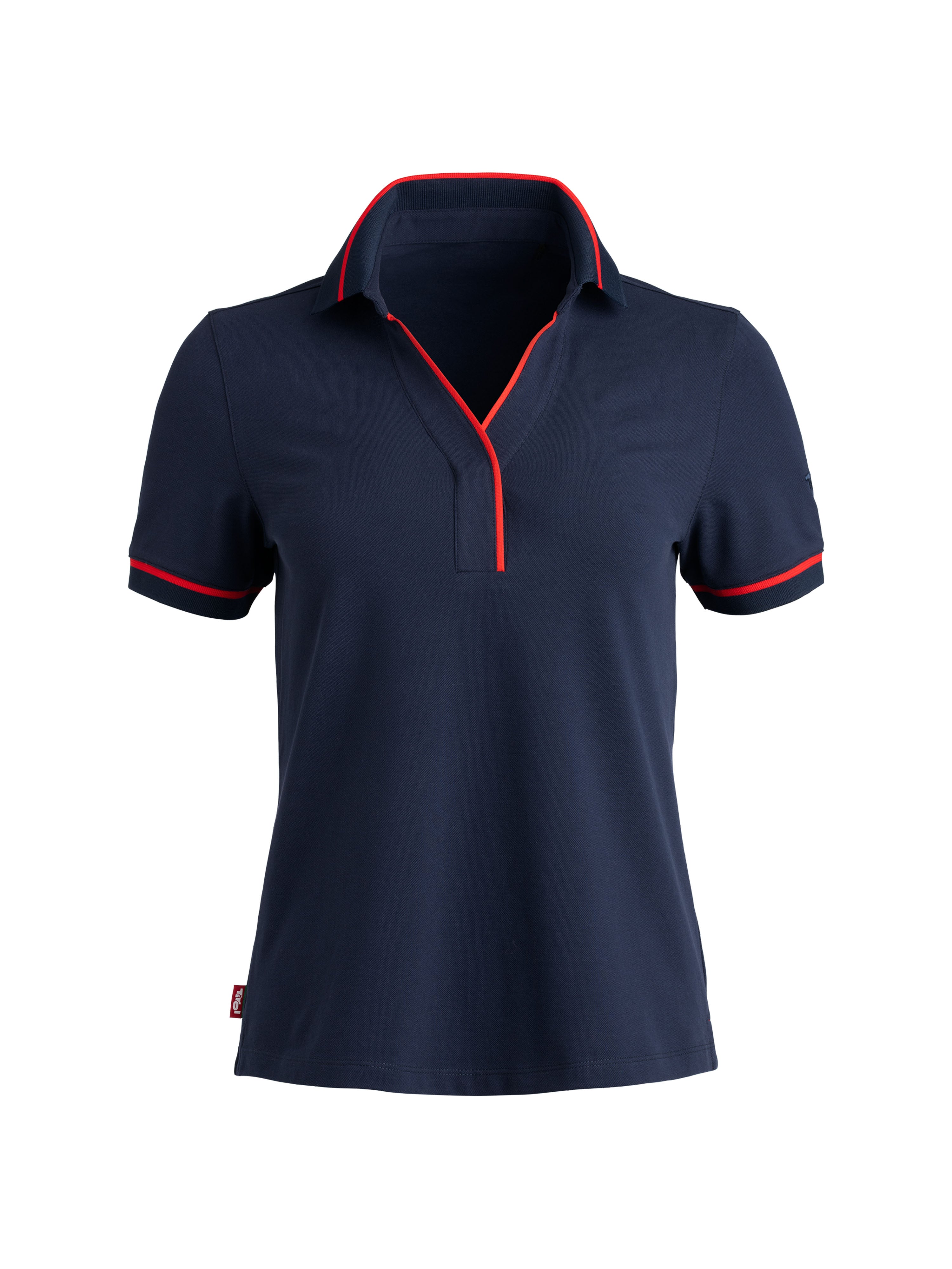 Polo Shirt "Johanna" mit verdeckter Knopfleiste und Druckknopf, rote Akzente an Ärmelsaumen und Kragen mit V- Ausschnitt