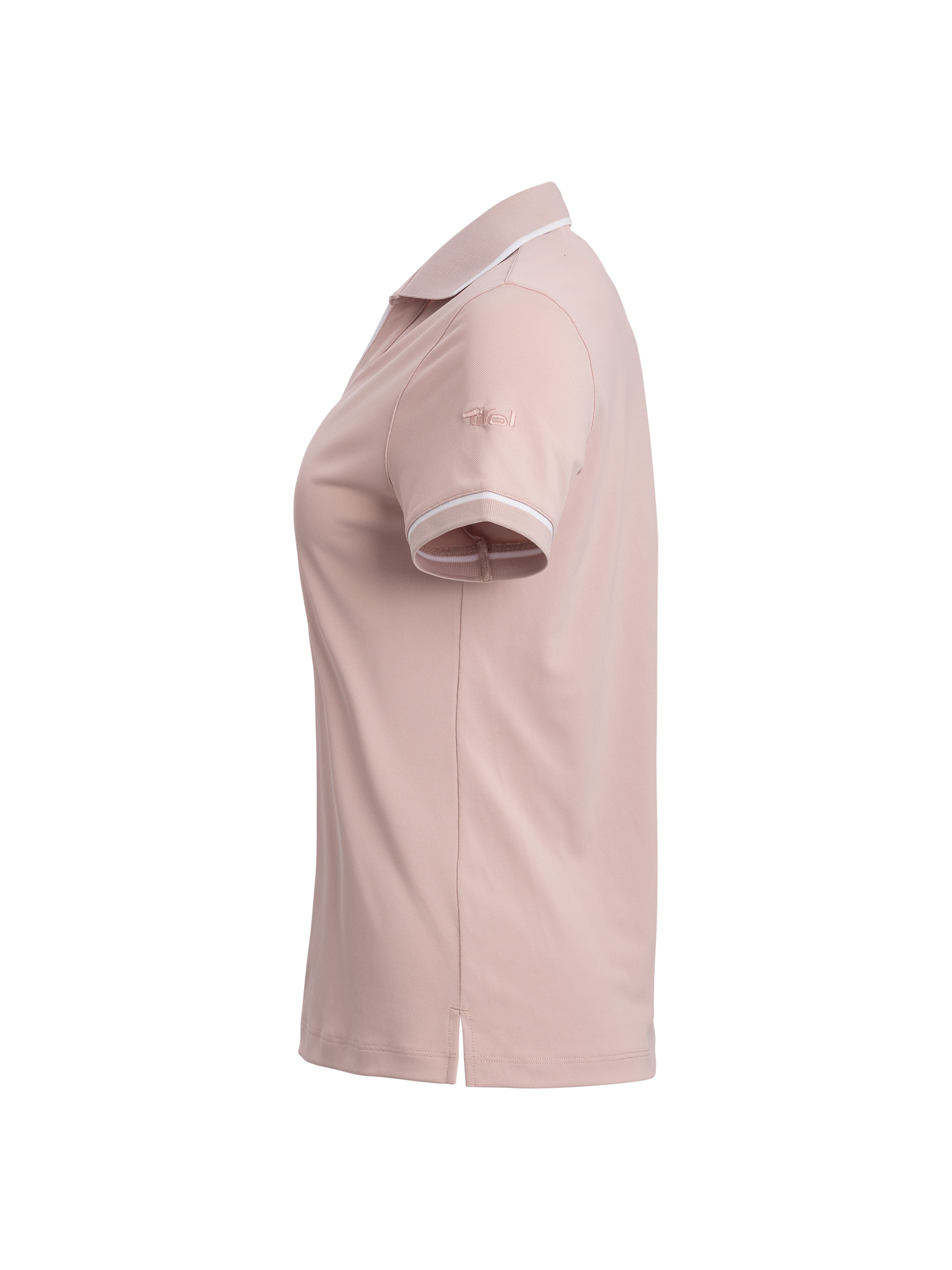 Seitenansicht vom Polo Shirt "Johanna" mit Rippbündchen an Ärmeln und dezentem Tirol Strick-Logo am Oberarm