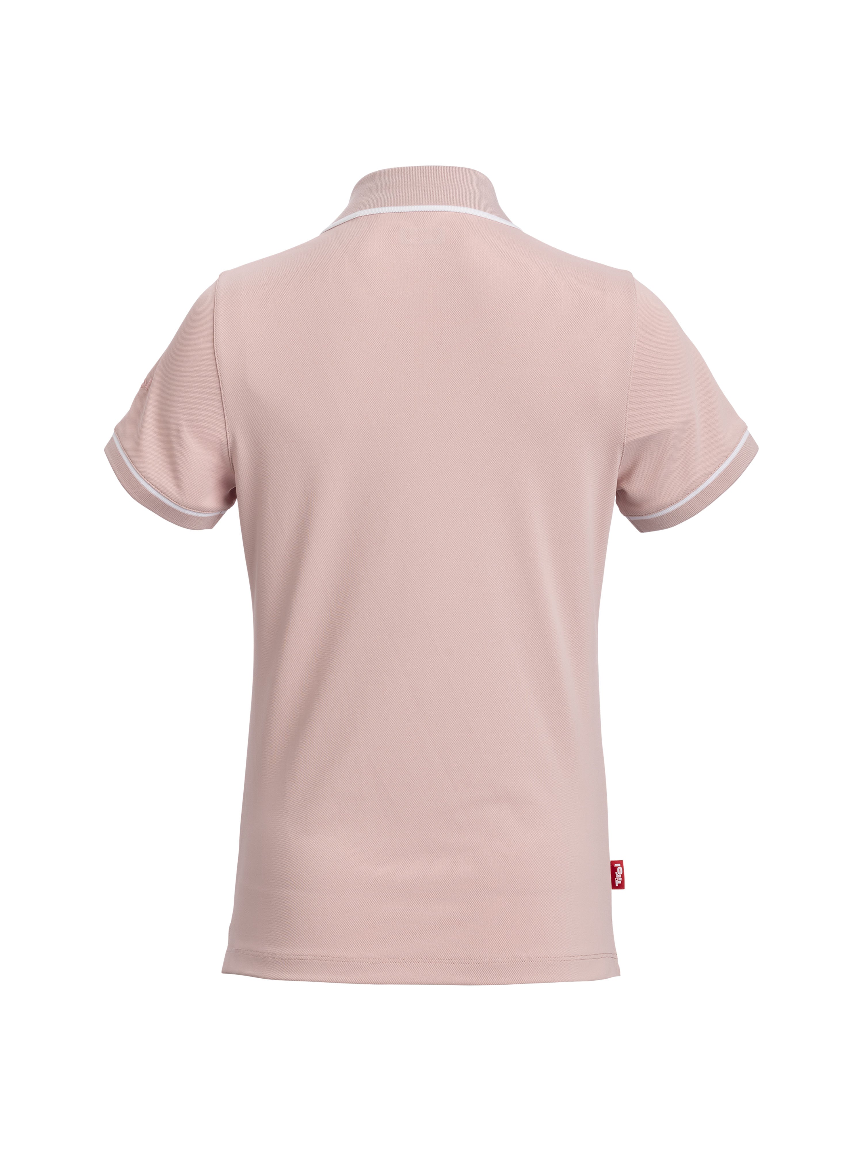 Rückseite Polo Shirt "Johanna" in Rosa mit weißen Akzenten an Ärmelsaumen und Kragen