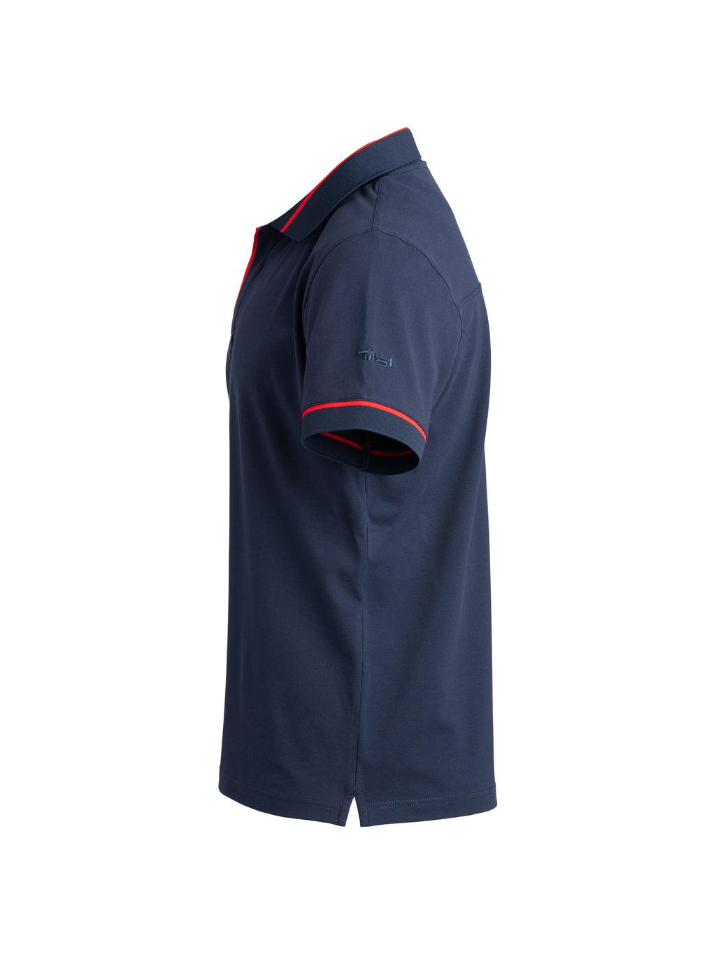 Seitenansicht von Polo Shirt "Peter- Paul" mit Rippbündchen an den Ärmeln und Tirol Logo-Strick am Oberarm