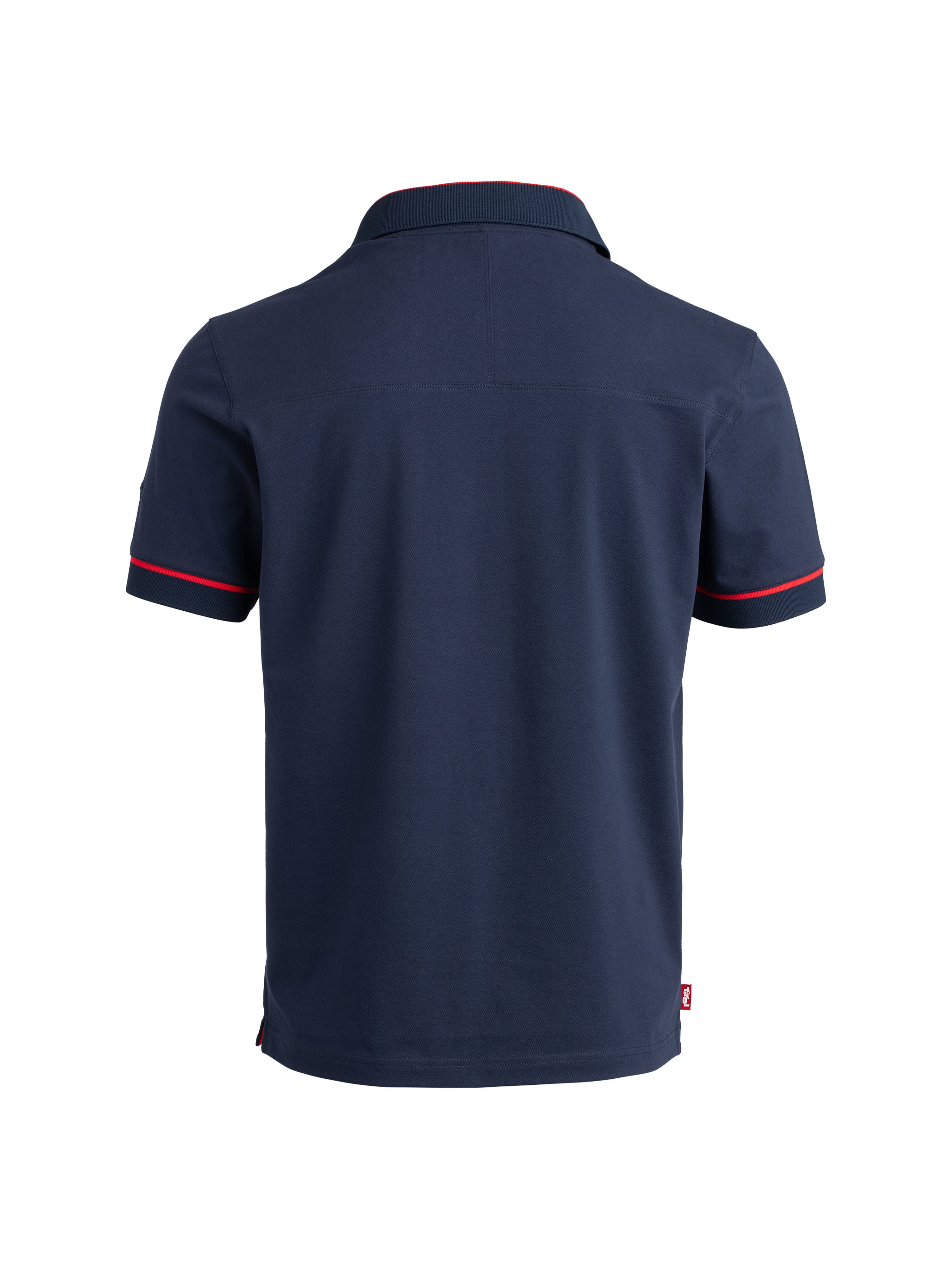 Rückseite von Polo Shirt "Peter-Paul" mit roten Akzenten an Ärmelsaumen und Kragen