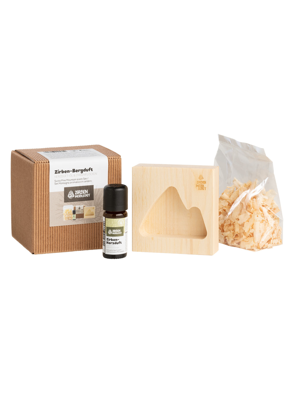 Zirben Bergduft-Set aus Zirbenholz mit Berg-Motiv mit Zirben Duftöl und Zirbenspäne 
