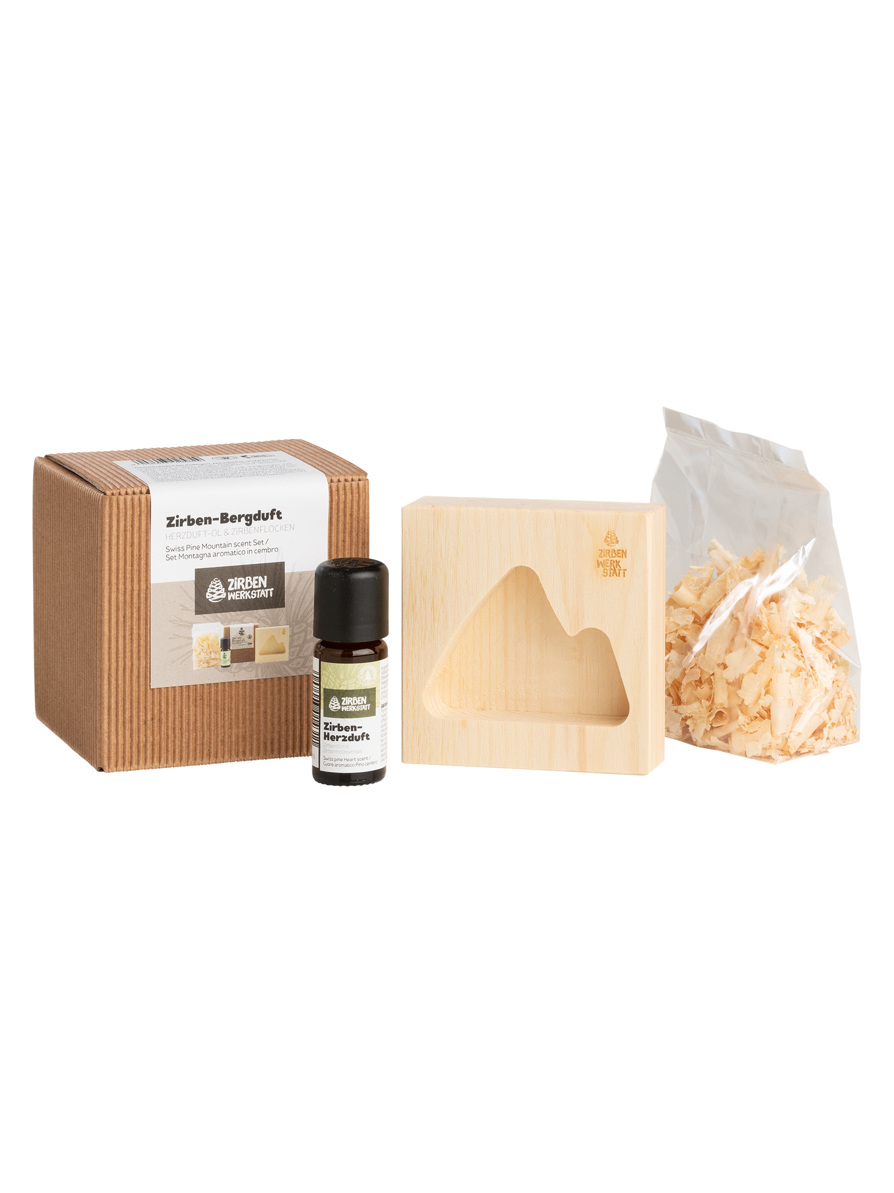 Zirben Bergduft-Set aus Zirbenholz mit Berg-Motiv mit Zirben Duftöl und Zirbenspäne 