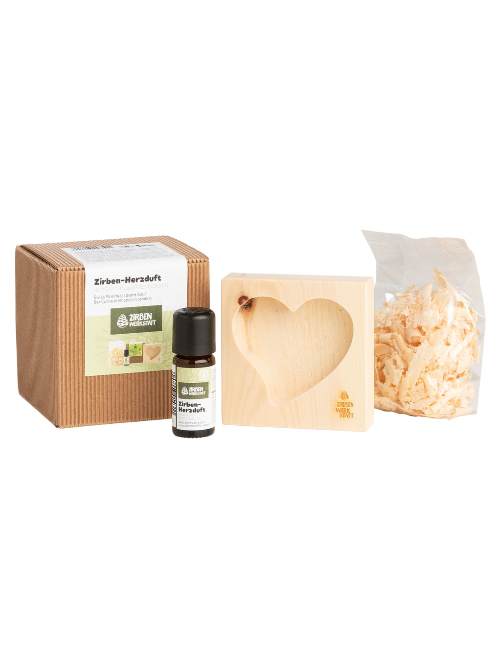 Zirben- Herzduft Set aus Zirbenholz mit Herz- Motiv, Zirben Duftöl und Zirbenspäne