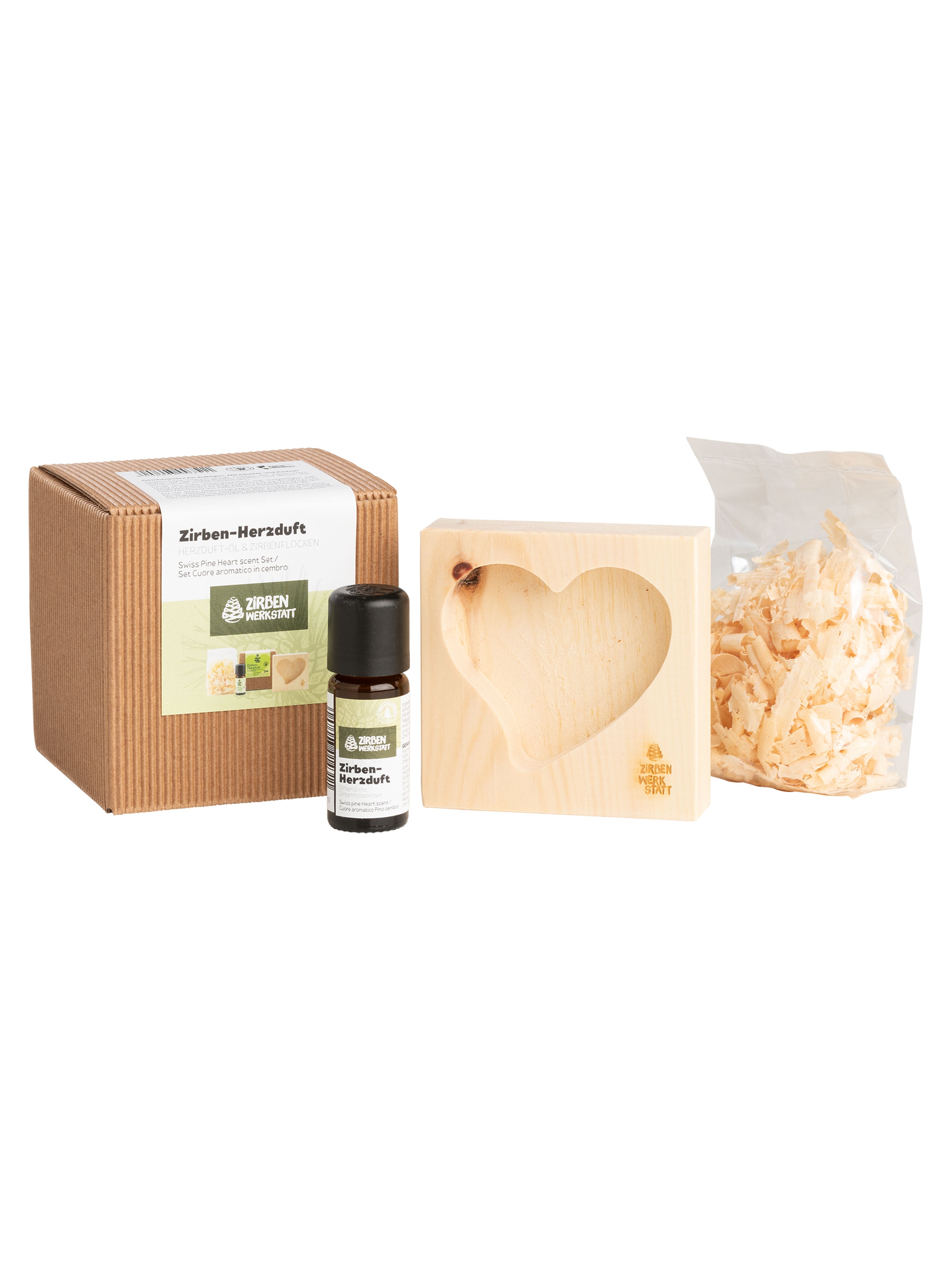 Zirben- Herzduft Set aus Zirbenholz mit Herz- Motiv, Zirben Duftöl und Zirbenspäne