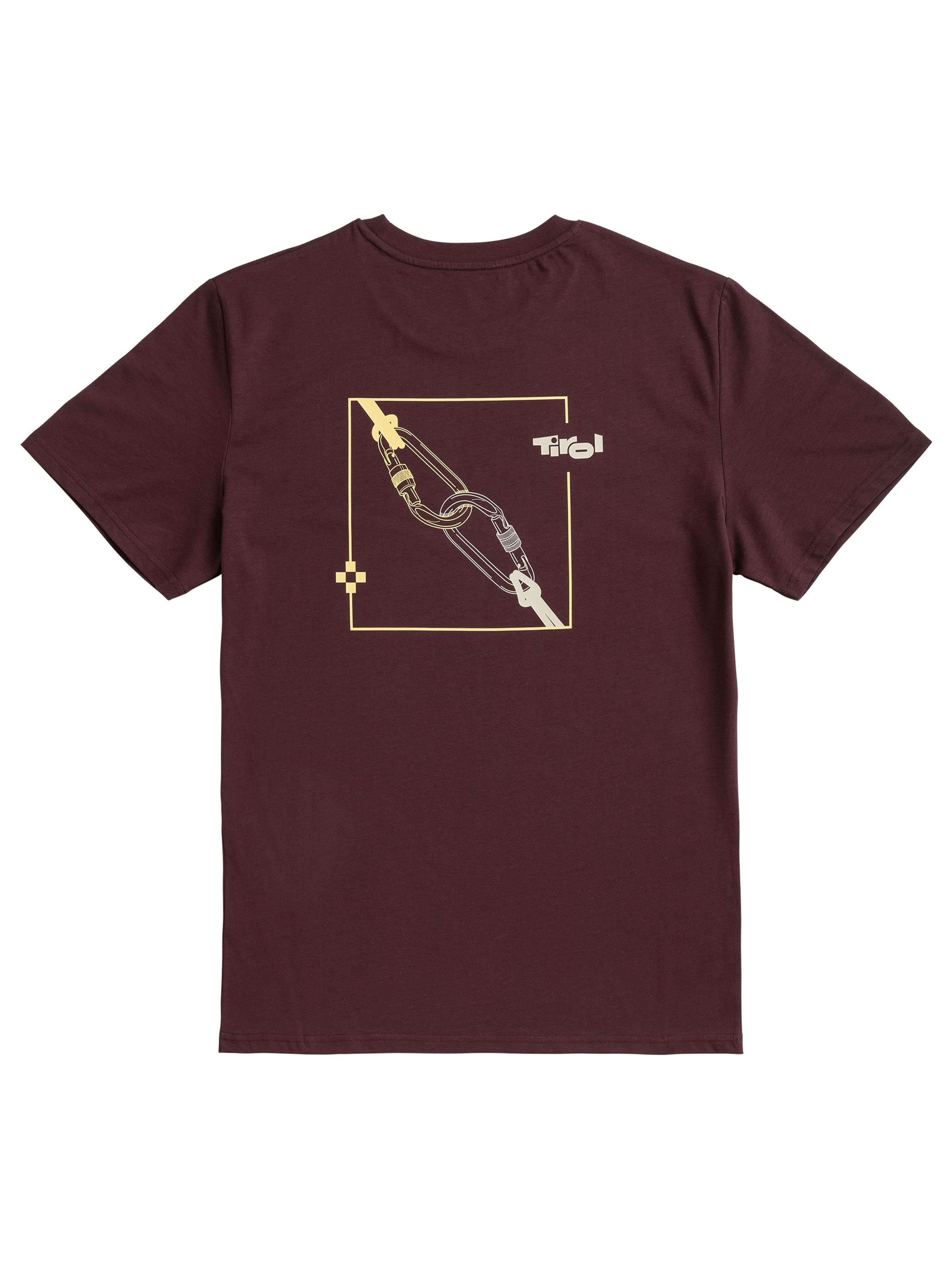 Rückseite von T-Shirt "Strong Connection" in der Farbe Mahagoni und zwei Karabiner als Motive 