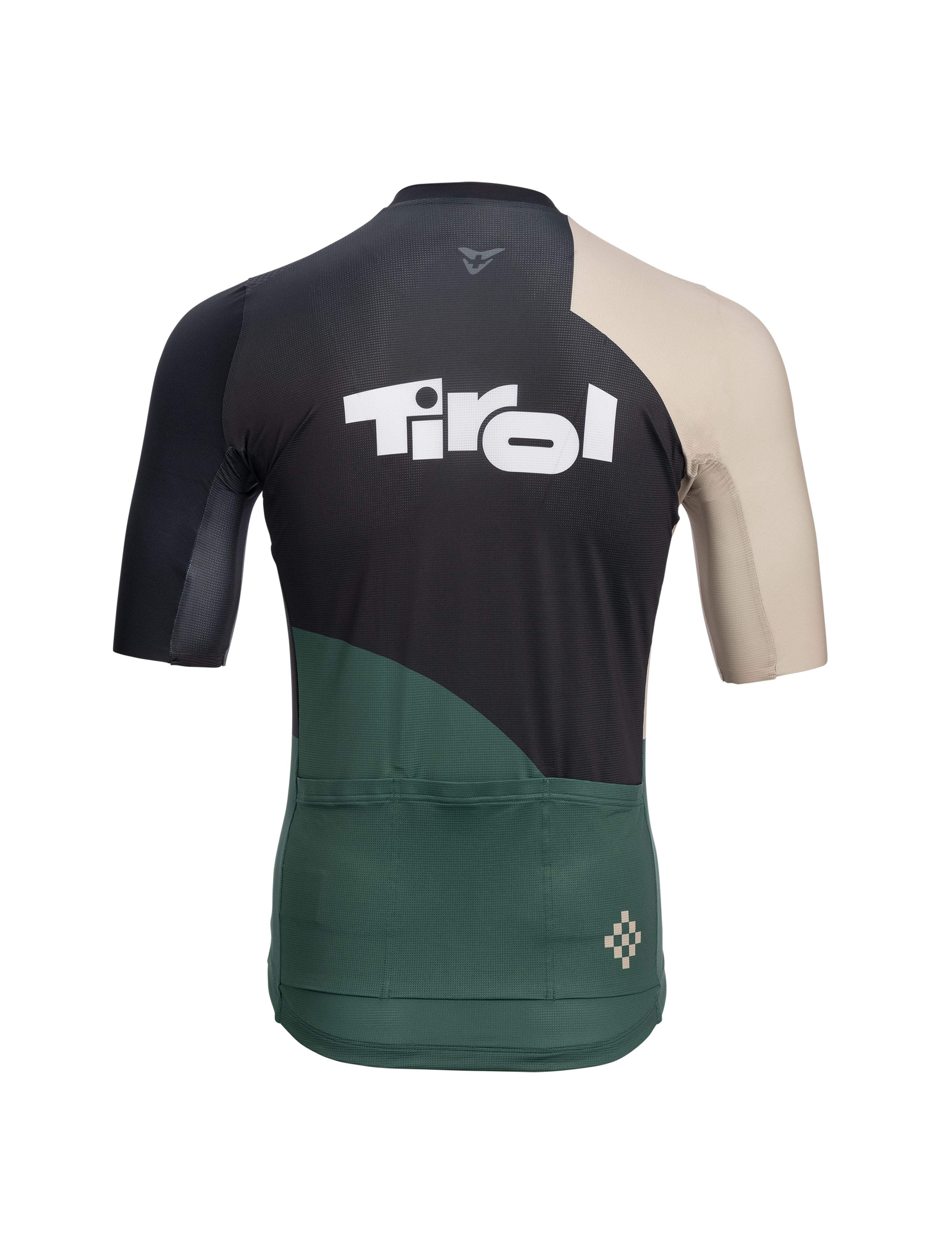 Rückseite Rad Trikot "Timmelsjoch" in Grün im neuen Tirol-Design und drei Rückentaschen für ausreichend Stauraum 